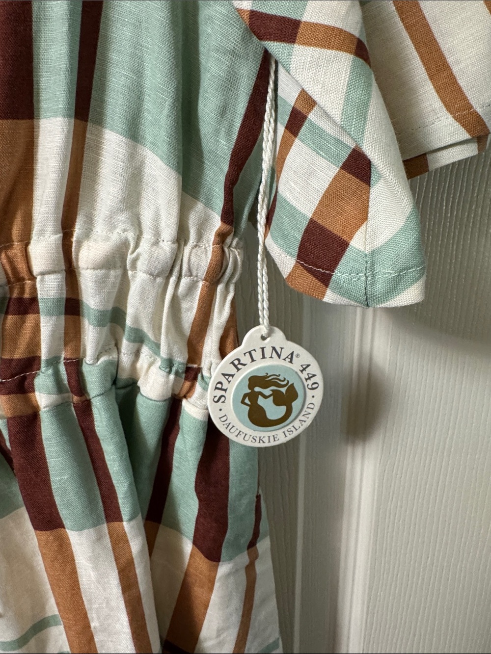Spartina 449 Sage, Cream and Brown Plaid Drawstring Maxi Dress - Picture 6 of 6